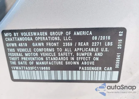 2015 Volkswagen Passat 1.8T Limited Edition from USA, damaged, VIN 1VWAT7A33FC119680